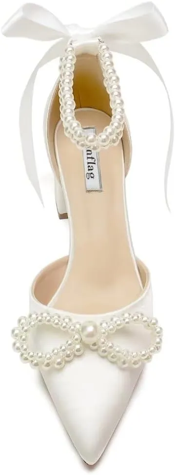 Block Heel Wedding Shoes for Bride Satin Pearl Bridal Heels Closed Toe Wedding Heels