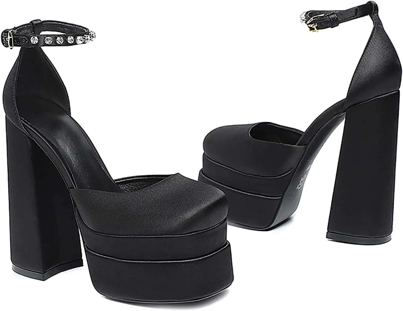 Block Heels for Women Square Toe Ankle Strap Buckle Rhinestones Wedge Silk Satin High Platform Heels Dress Pumps Shoes