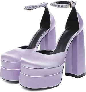 Block Heels for Women Square Toe Ankle Strap Buckle Rhinestones Wedge Silk Satin High Platform Heels Dress Pumps Shoes