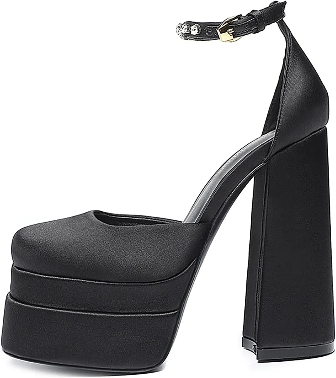 Block Heels for Women Square Toe Ankle Strap Buckle Rhinestones Wedge Silk Satin High Platform Heels Dress Pumps Shoes