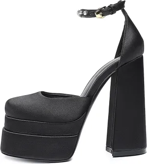 Block Heels for Women Square Toe Ankle Strap Buckle Rhinestones Wedge Silk Satin High Platform Heels Dress Pumps Shoes
