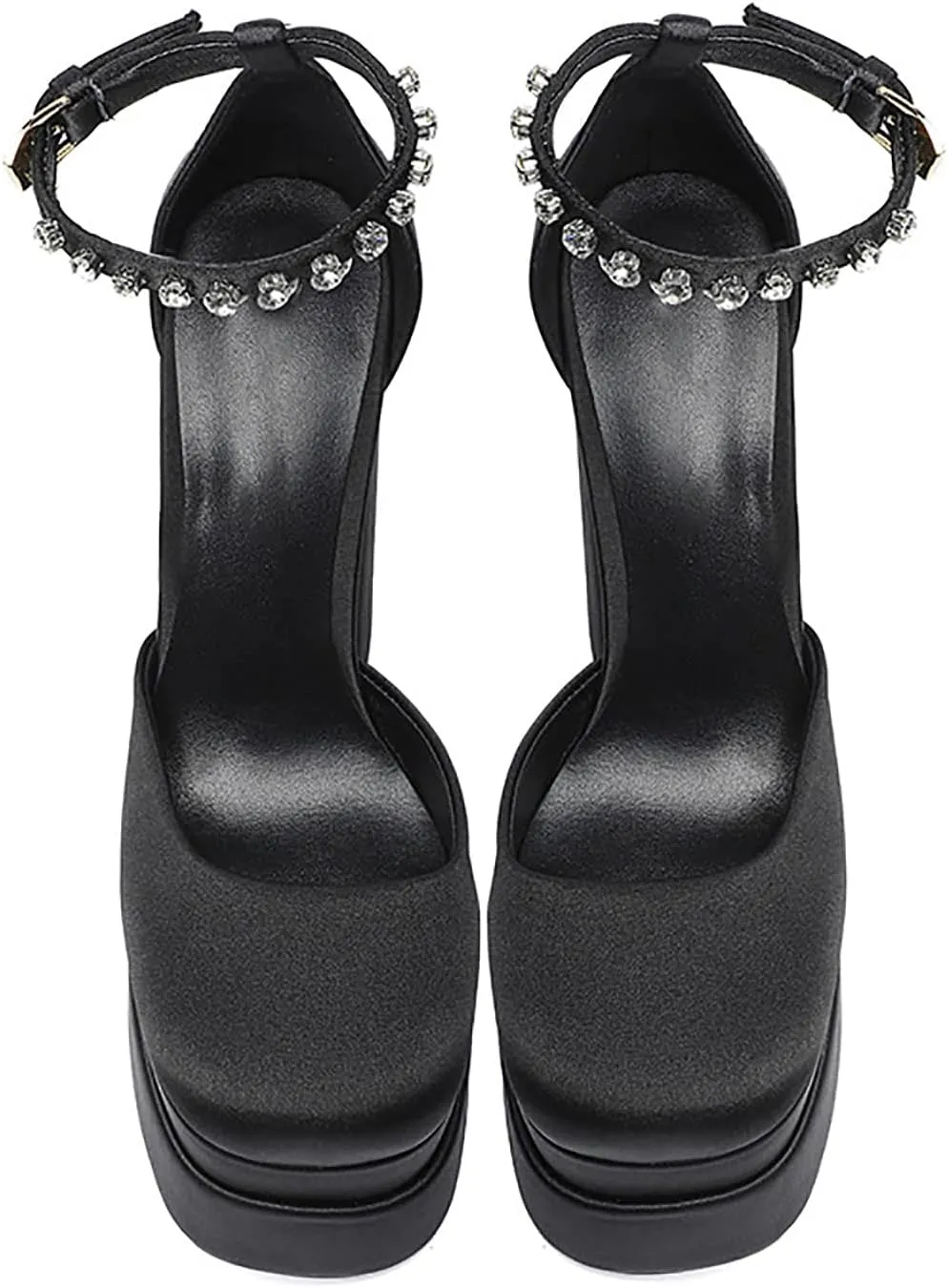 Block Heels for Women Square Toe Ankle Strap Buckle Rhinestones Wedge Silk Satin High Platform Heels Dress Pumps Shoes