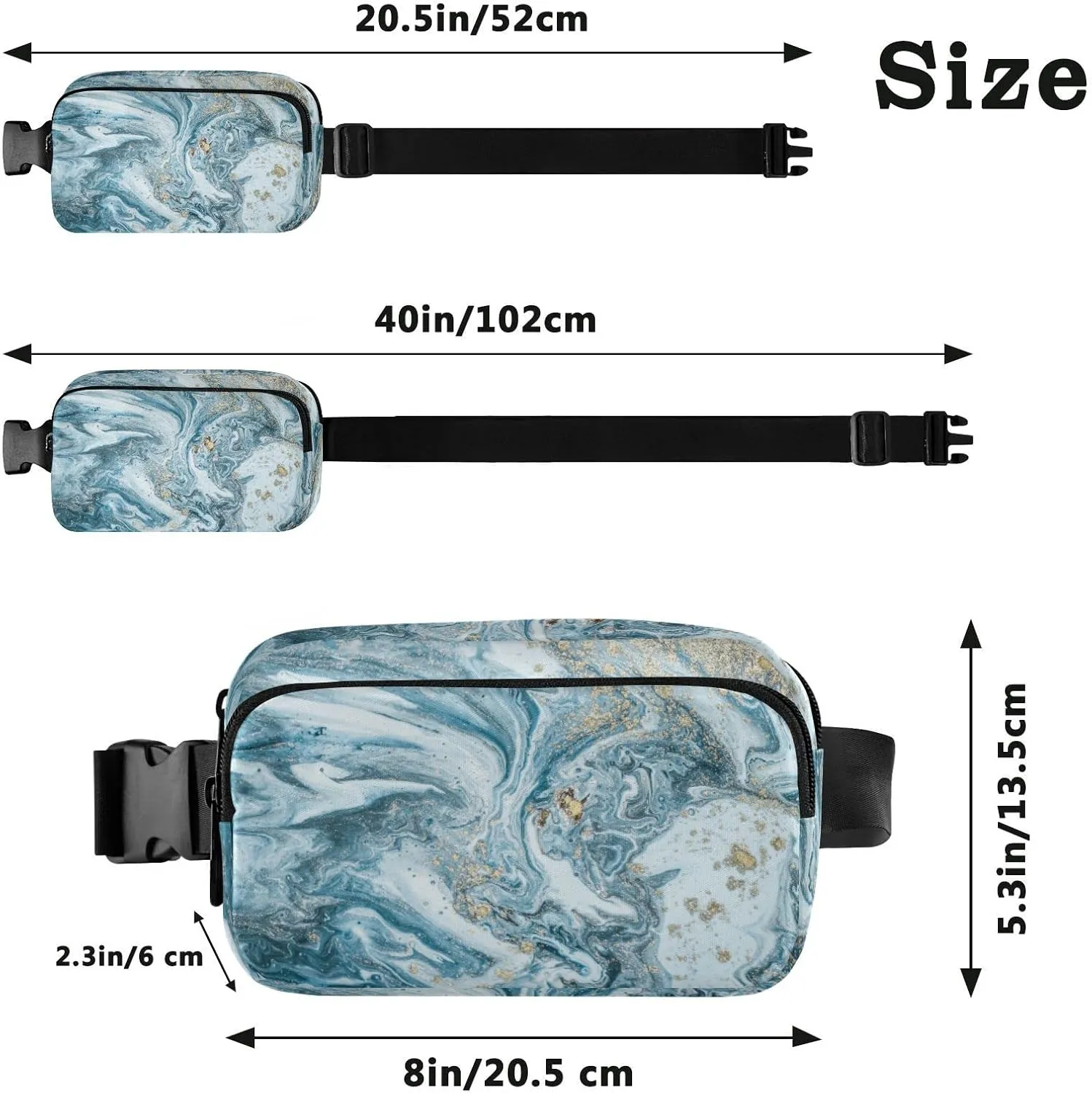Blue Gold Marble Abstract Golden Sequins Liquid Ink Paint Adjustable Belt Running Bag, Crossbody Fanny Pack Waist Runners Bag Tote for Women Men Sports Hiking Fitness Exercise Gym Pouch