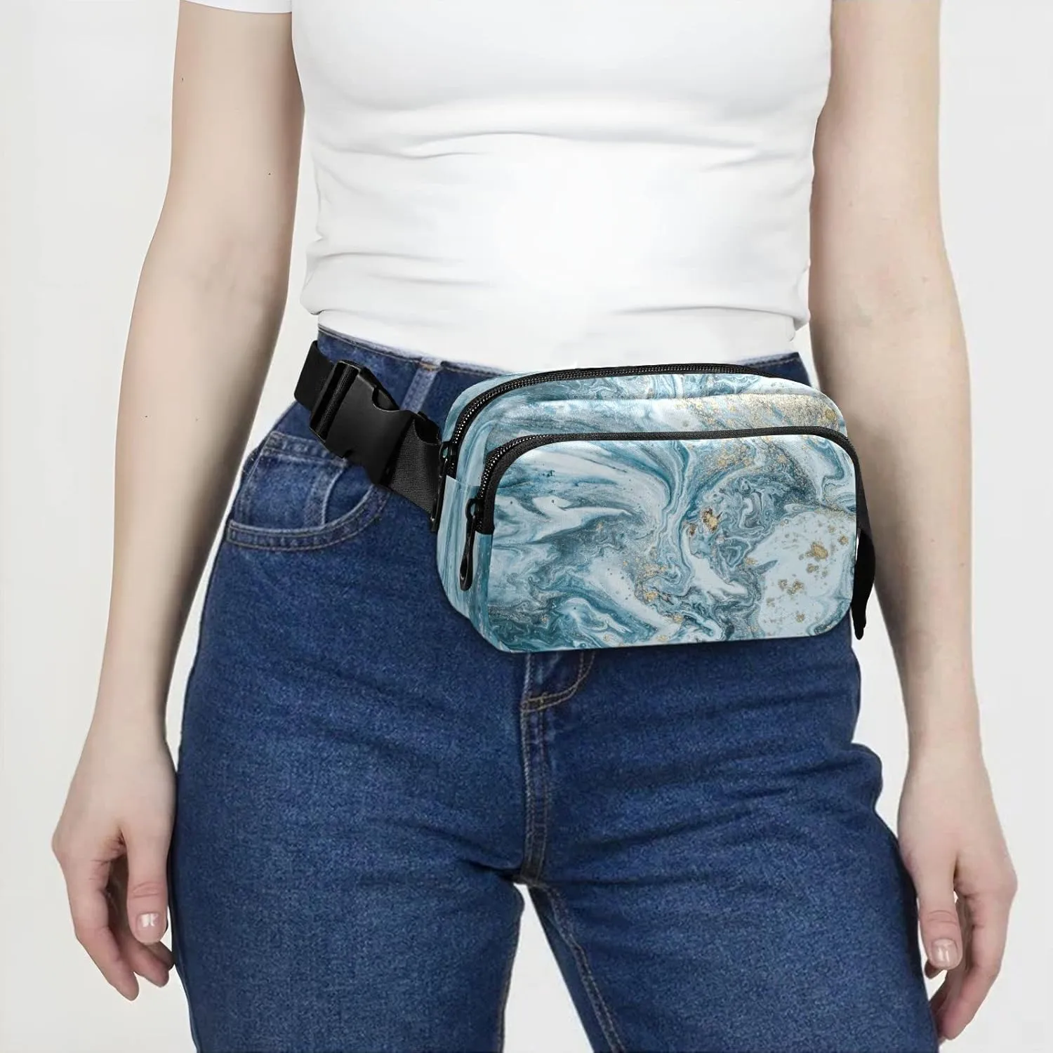 Blue Gold Marble Abstract Golden Sequins Liquid Ink Paint Adjustable Belt Running Bag, Crossbody Fanny Pack Waist Runners Bag Tote for Women Men Sports Hiking Fitness Exercise Gym Pouch