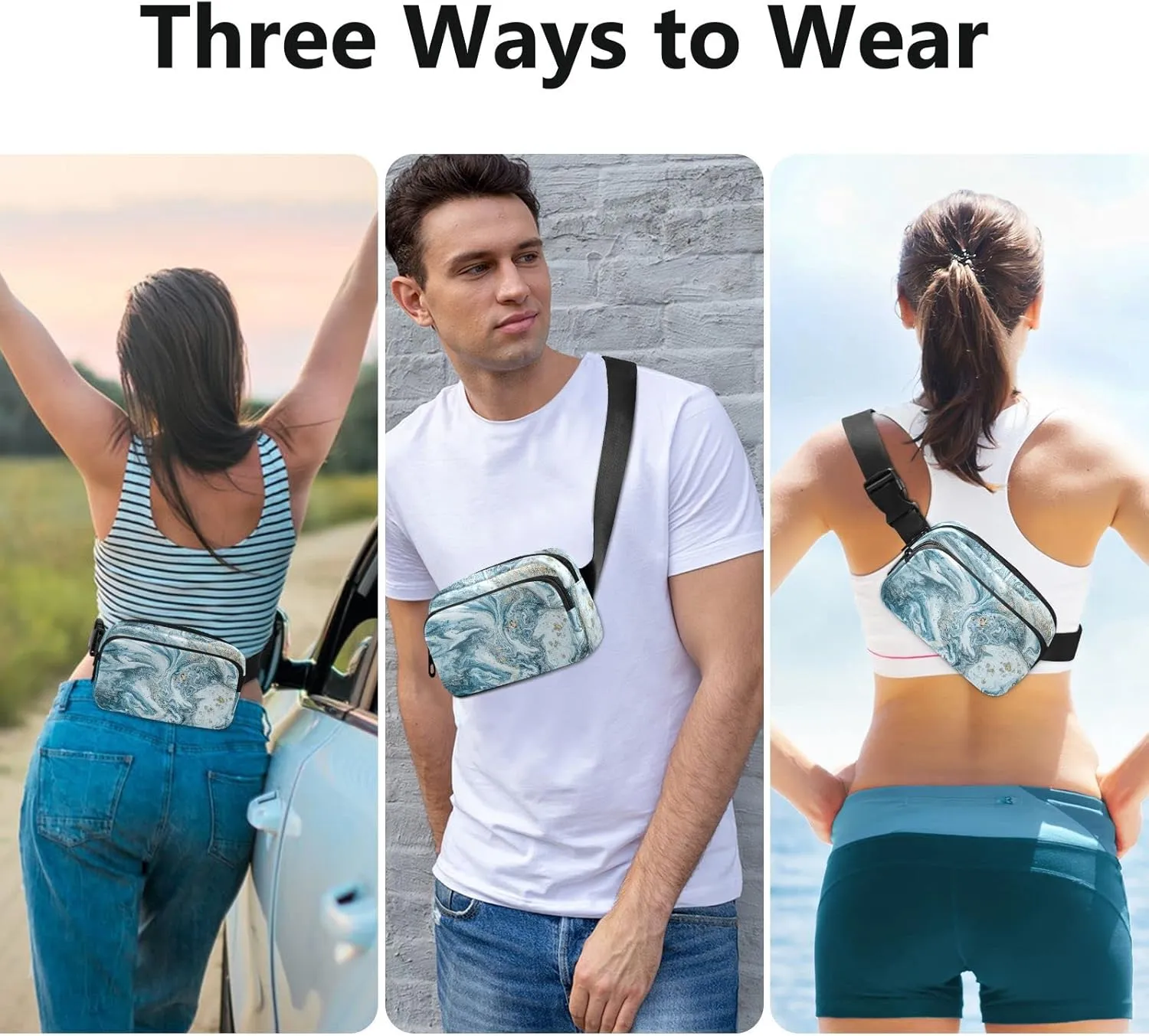 Blue Gold Marble Abstract Golden Sequins Liquid Ink Paint Adjustable Belt Running Bag, Crossbody Fanny Pack Waist Runners Bag Tote for Women Men Sports Hiking Fitness Exercise Gym Pouch