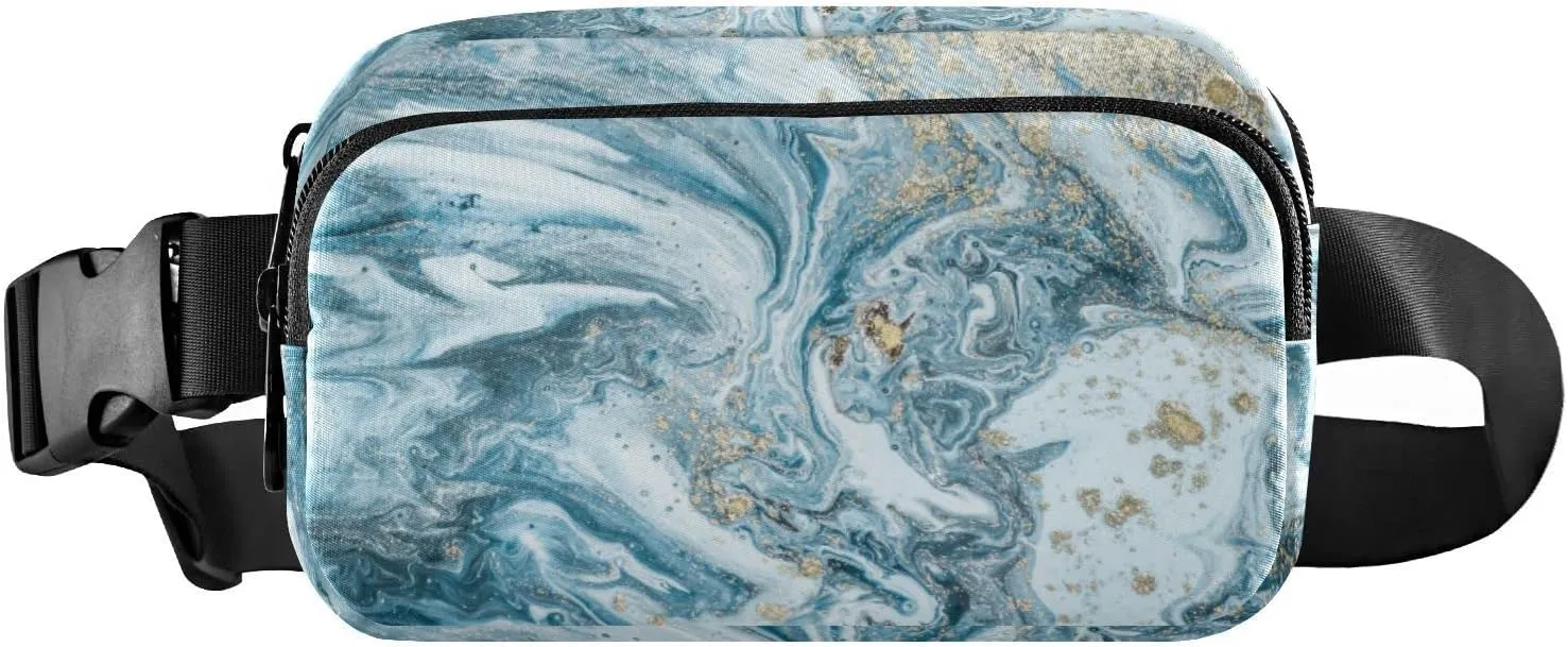 Blue Gold Marble Abstract Golden Sequins Liquid Ink Paint Adjustable Belt Running Bag, Crossbody Fanny Pack Waist Runners Bag Tote for Women Men Sports Hiking Fitness Exercise Gym Pouch