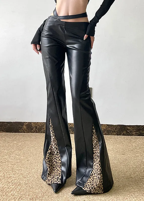 Boho Black Asymmetrical Leopard Patchwork PU Pants Spring