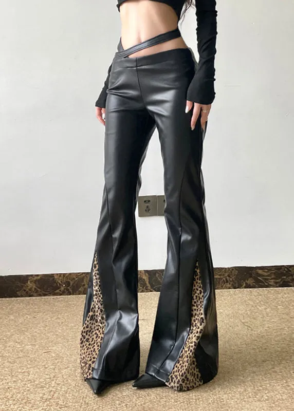 Boho Black Asymmetrical Leopard Patchwork PU Pants Spring