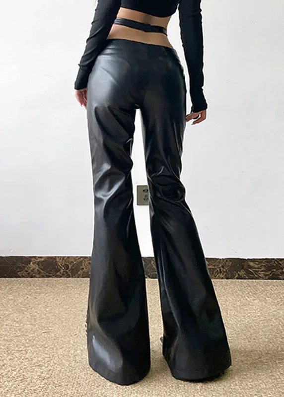Boho Black Asymmetrical Leopard Patchwork PU Pants Spring