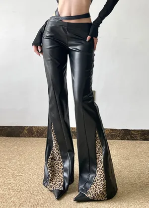 Boho Black Asymmetrical Leopard Patchwork PU Pants Spring