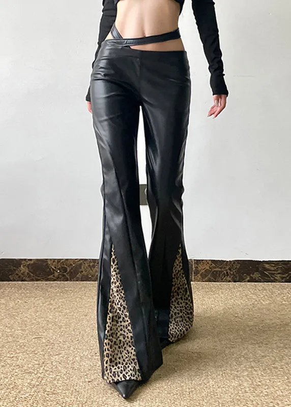 Boho Black Asymmetrical Leopard Patchwork PU Pants Spring