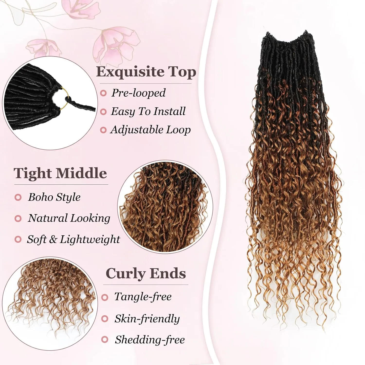 Boho Faux Locs Crochet Hair 9 Packs Long Goddess locs 24 Inch Boho Soft Locs With Curly Ends Pre Looped Bohemian River Loc Crochet Hair For Women (24 inch,1B/30/27)