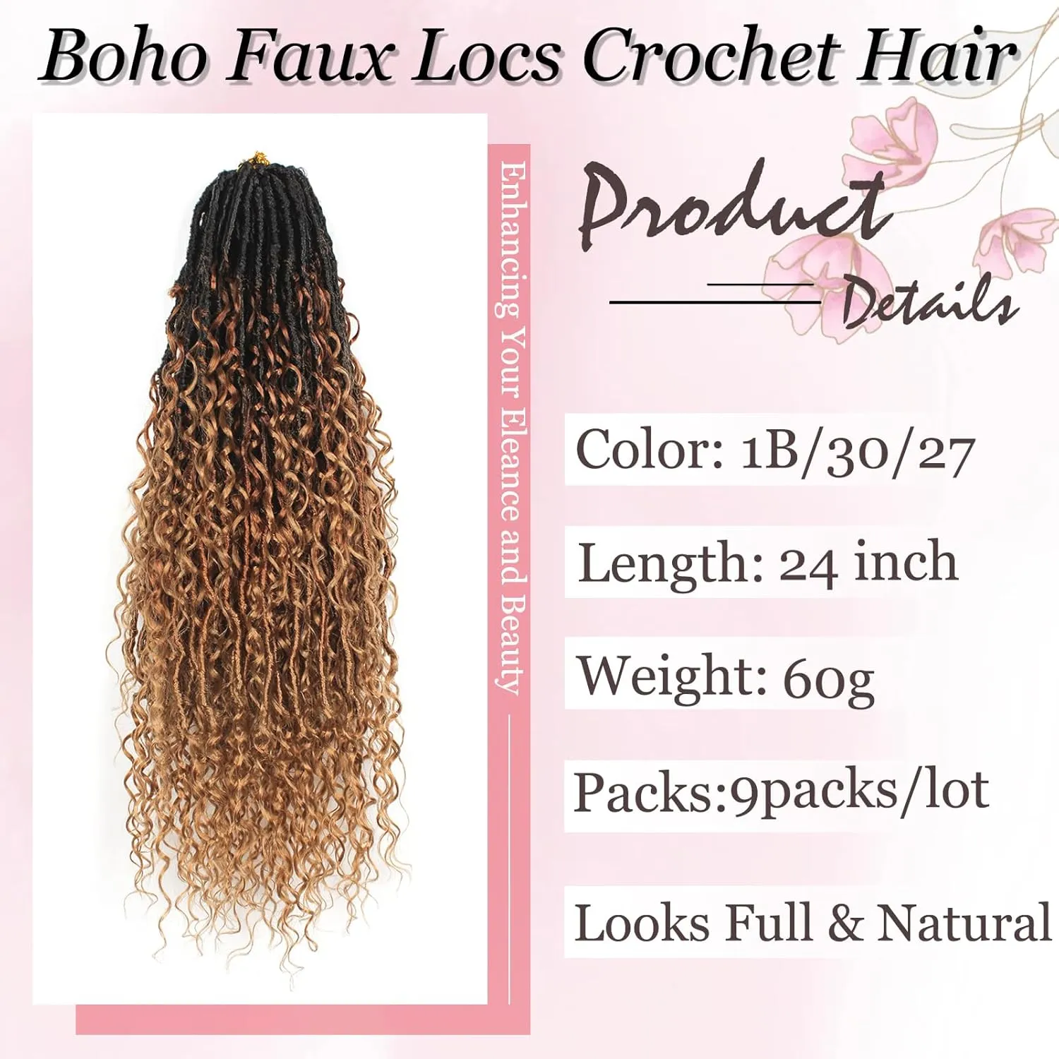 Boho Faux Locs Crochet Hair 9 Packs Long Goddess locs 24 Inch Boho Soft Locs With Curly Ends Pre Looped Bohemian River Loc Crochet Hair For Women (24 inch,1B/30/27)