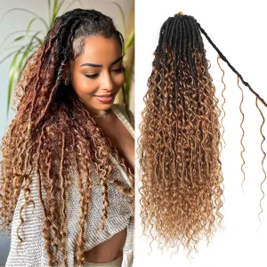 Boho Faux Locs Crochet Hair 9 Packs Long Goddess locs 24 Inch Boho Soft Locs With Curly Ends Pre Looped Bohemian River Loc Crochet Hair For Women (24 inch,1B/30/27)