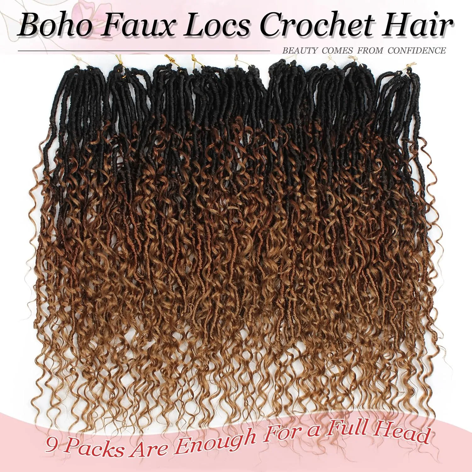 Boho Faux Locs Crochet Hair 9 Packs Long Goddess locs 24 Inch Boho Soft Locs With Curly Ends Pre Looped Bohemian River Loc Crochet Hair For Women (24 inch,1B/30/27)
