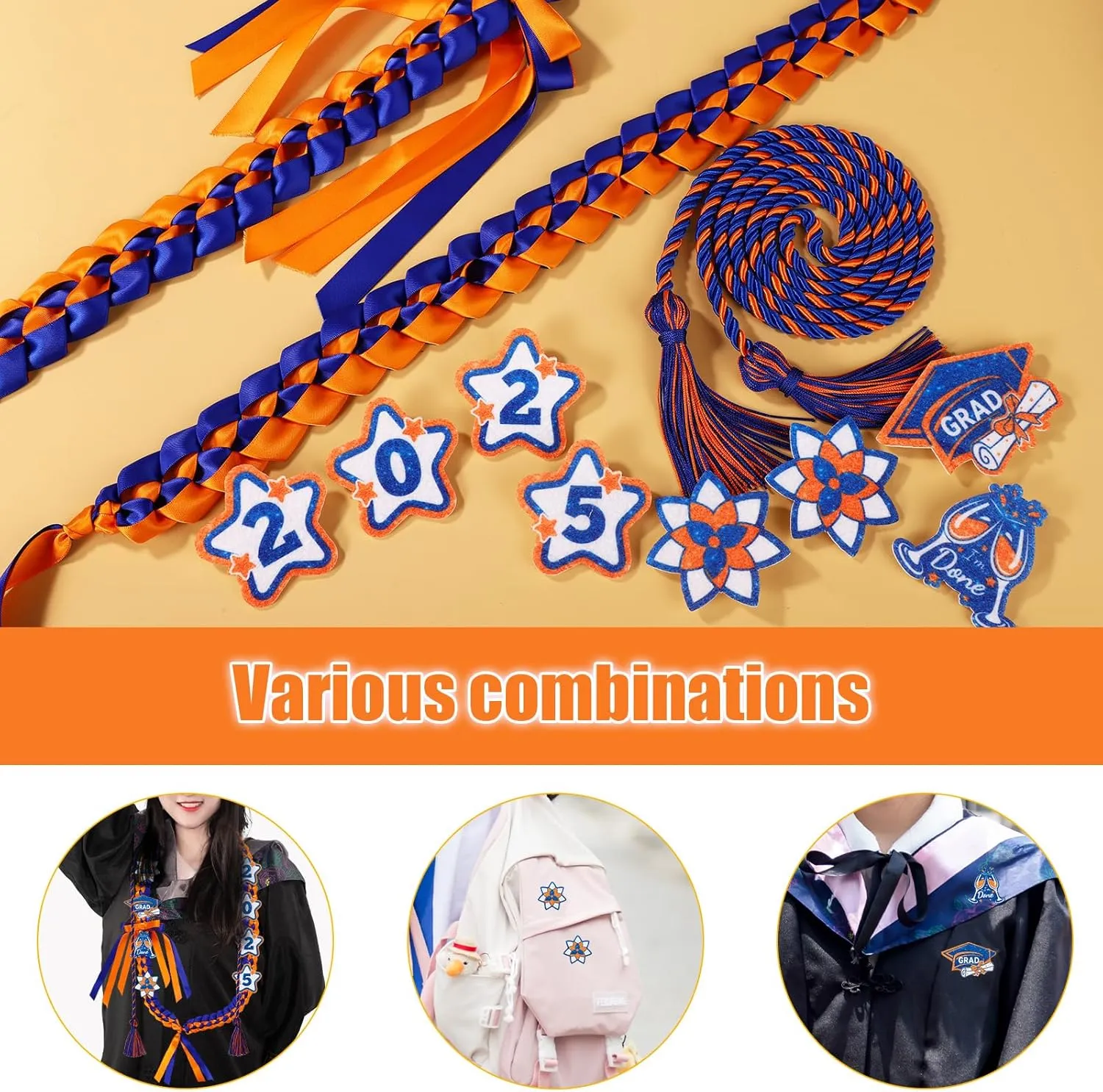BOXOB 2025 Graduation Ribbon Leis & Cords Set, Money Lei with 8 Glitter Patches High School College University Grad Party Decorations & Photo Props for Master Grad Party Gift (Blue,Orange)