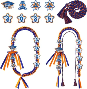 BOXOB 2025 Graduation Ribbon Leis & Cords Set, Money Lei with 8 Glitter Patches High School College University Grad Party Decorations & Photo Props for Master Grad Party Gift (Blue,Orange)