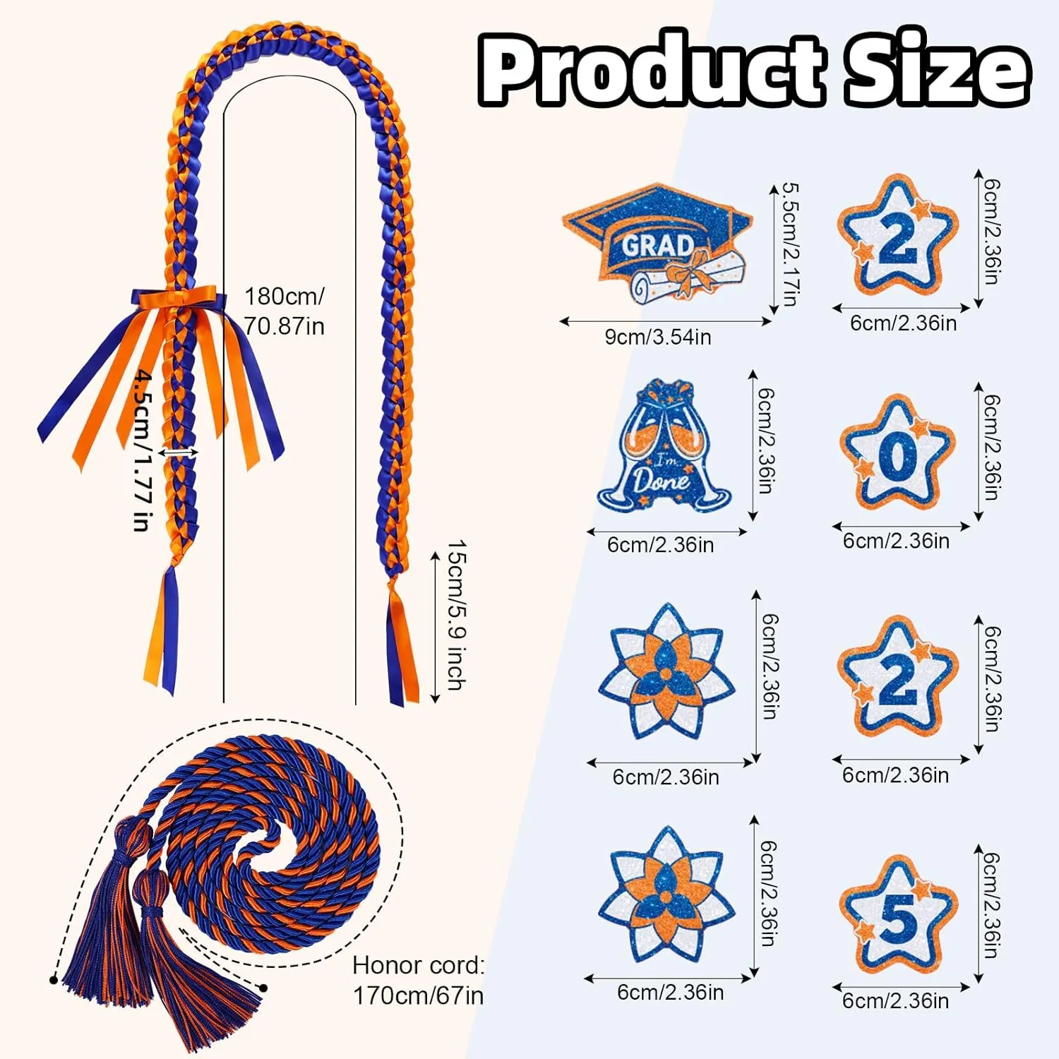 BOXOB 2025 Graduation Ribbon Leis & Cords Set, Money Lei with 8 Glitter Patches High School College University Grad Party Decorations & Photo Props for Master Grad Party Gift (Blue,Orange)