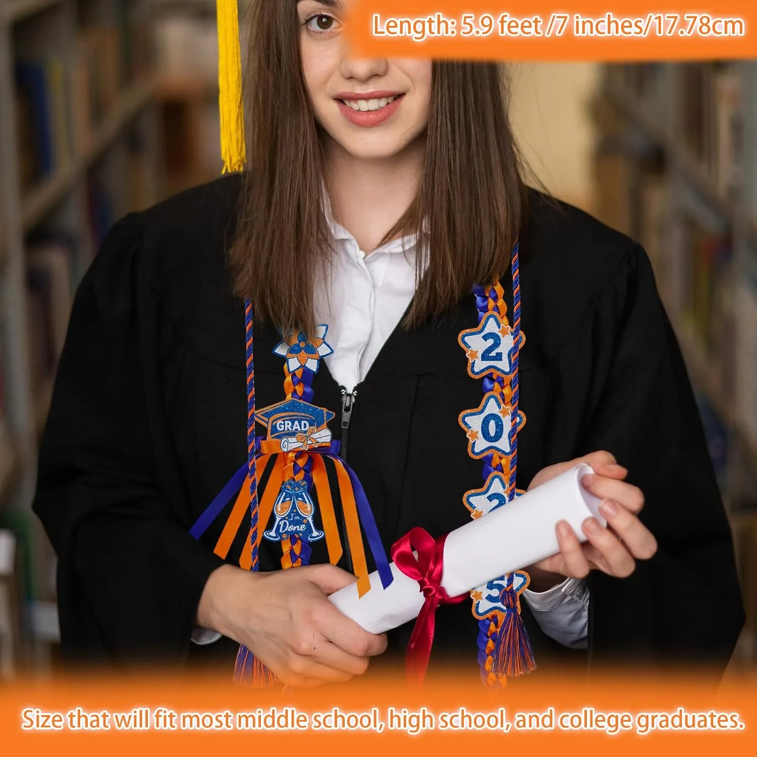 BOXOB 2025 Graduation Ribbon Leis & Cords Set, Money Lei with 8 Glitter Patches High School College University Grad Party Decorations & Photo Props for Master Grad Party Gift (Blue,Orange)