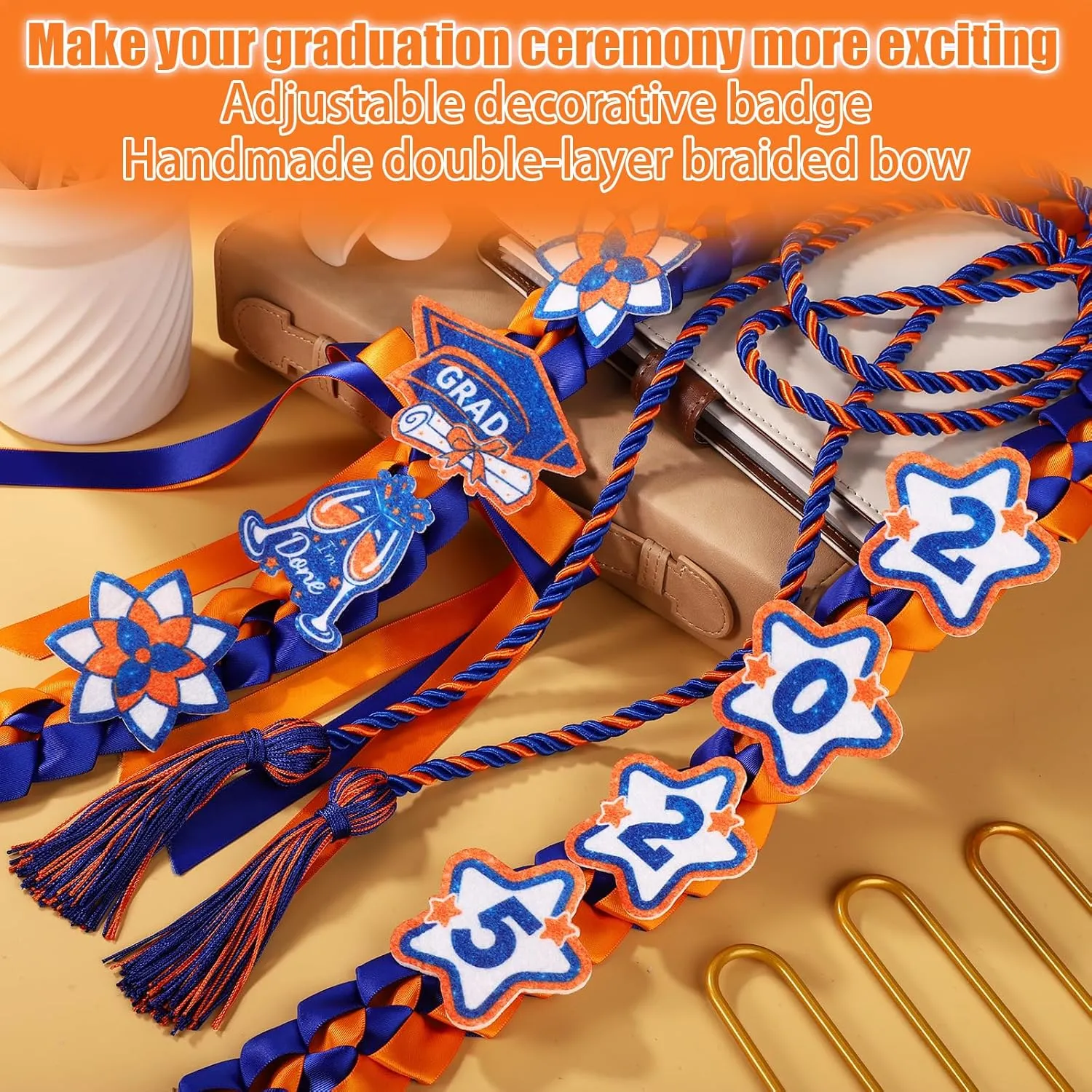 BOXOB 2025 Graduation Ribbon Leis & Cords Set, Money Lei with 8 Glitter Patches High School College University Grad Party Decorations & Photo Props for Master Grad Party Gift (Blue,Orange)