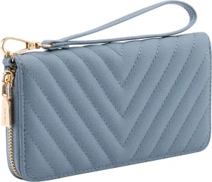 Brentano Vegan Leather Slim Single-Zipper Chevron Embroidered Wallet Clutch with Removable Wrist Strap (BLUE)