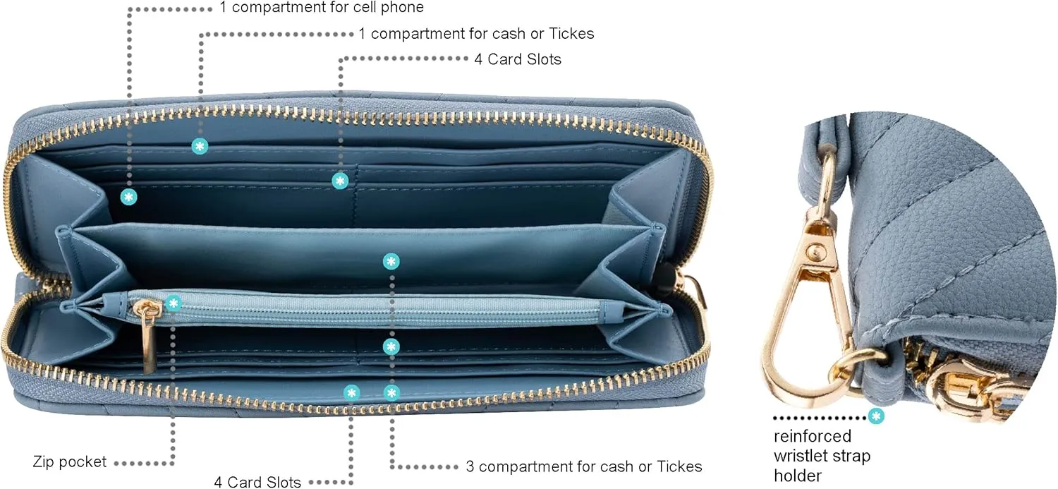 Brentano Vegan Leather Slim Single-Zipper Chevron Embroidered Wallet Clutch with Removable Wrist Strap (BLUE)