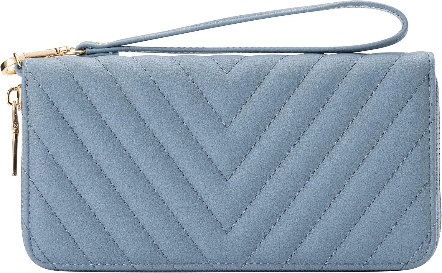 Brentano Vegan Leather Slim Single-Zipper Chevron Embroidered Wallet Clutch with Removable Wrist Strap (BLUE)