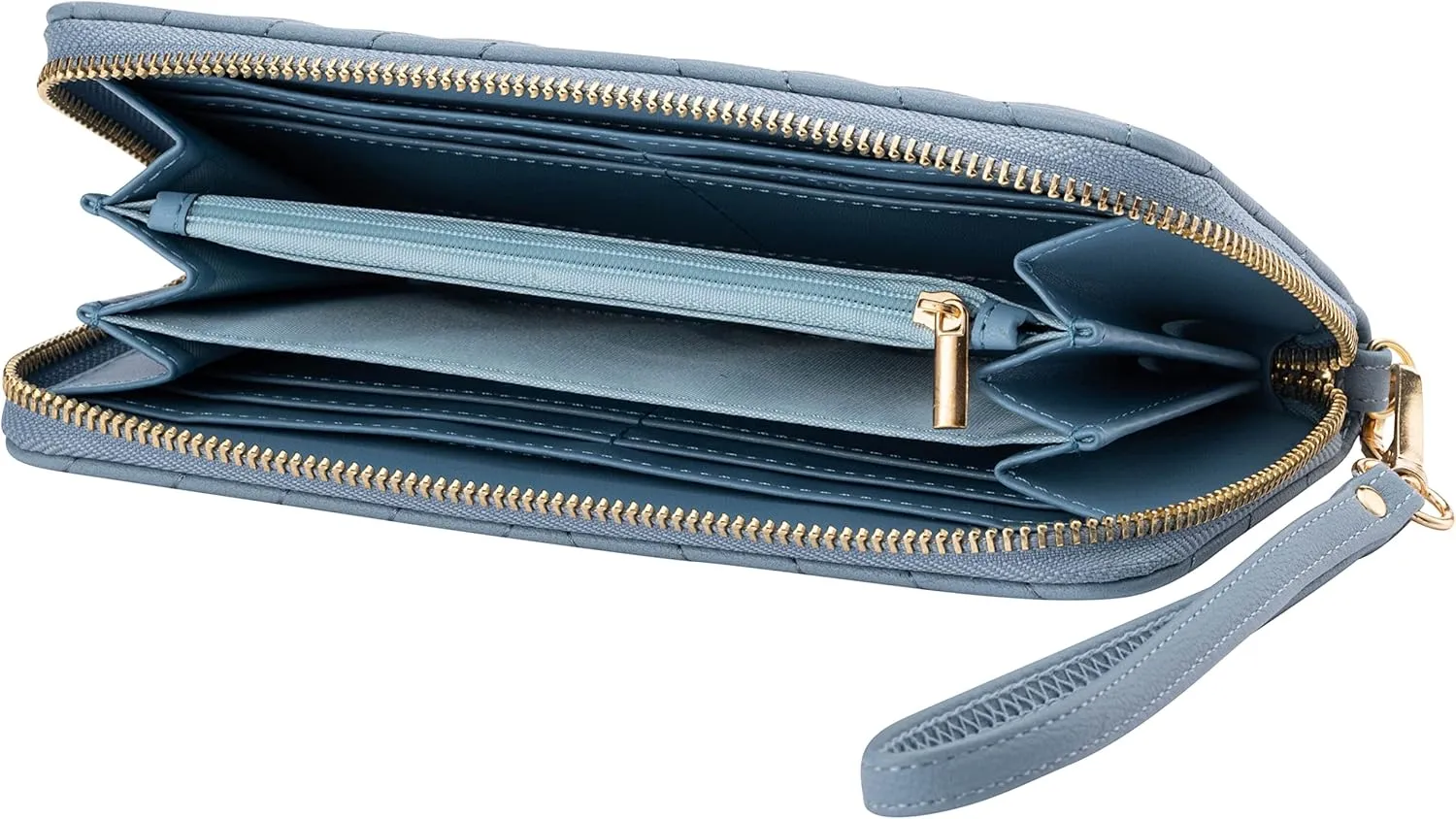 Brentano Vegan Leather Slim Single-Zipper Chevron Embroidered Wallet Clutch with Removable Wrist Strap (BLUE)