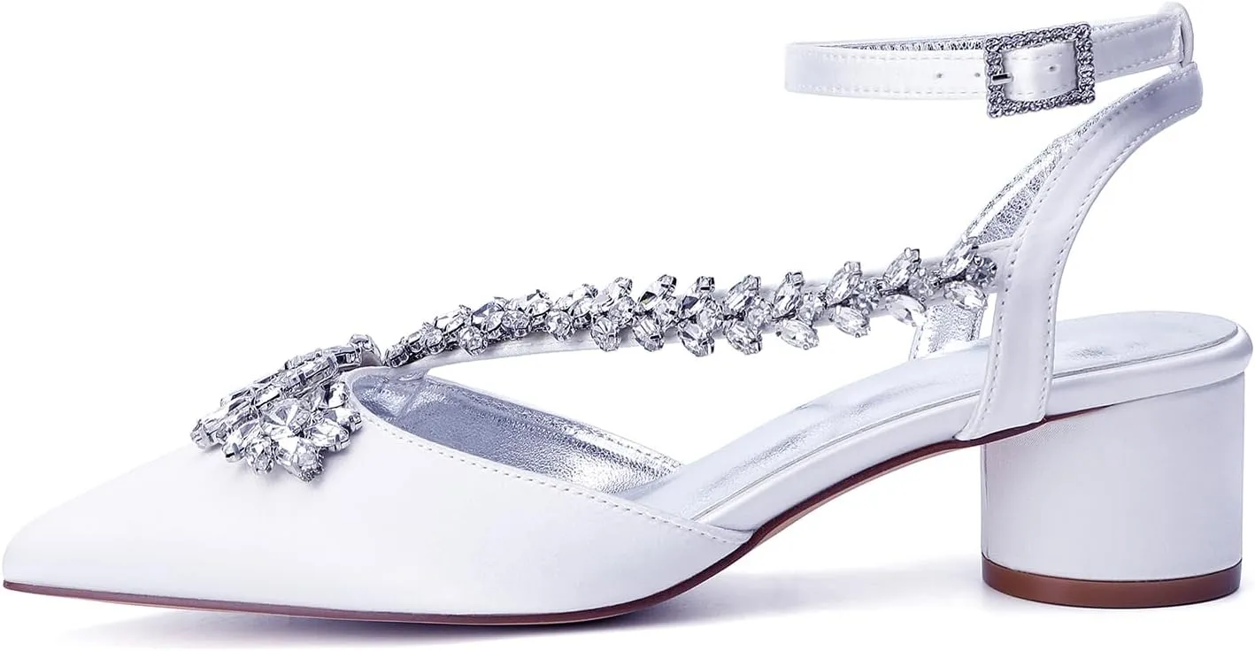 Bridal Shoes Block Low Heel Rhinestones 4.5CM Wedding Shoes Pointed Toe Satin Strappy Ankle Strap Women Party Sandals Closed Pumps for Prom
