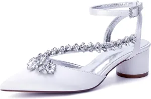 Bridal Shoes Block Low Heel Rhinestones 4.5CM Wedding Shoes Pointed Toe Satin Strappy Ankle Strap Women Party Sandals Closed Pumps for Prom