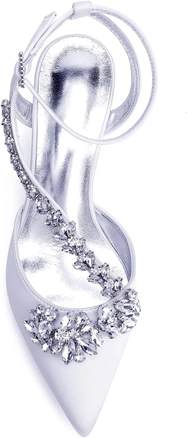 Bridal Shoes Block Low Heel Rhinestones 4.5CM Wedding Shoes Pointed Toe Satin Strappy Ankle Strap Women Party Sandals Closed Pumps for Prom