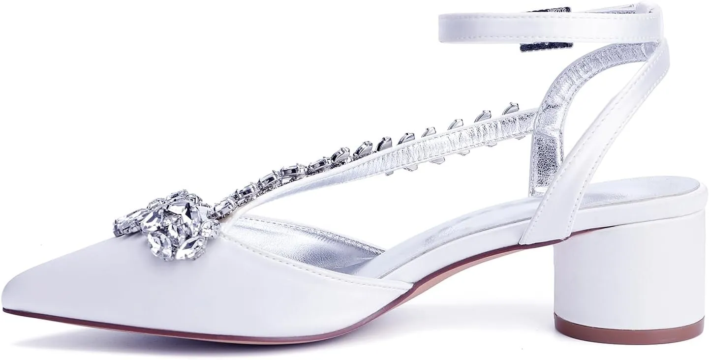 Bridal Shoes Block Low Heel Rhinestones 4.5CM Wedding Shoes Pointed Toe Satin Strappy Ankle Strap Women Party Sandals Closed Pumps for Prom