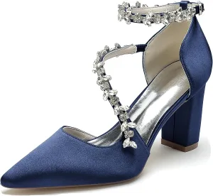 Bride Comfortable Wedding Shoes Womens Prom Pumps with Rhinestone Chains