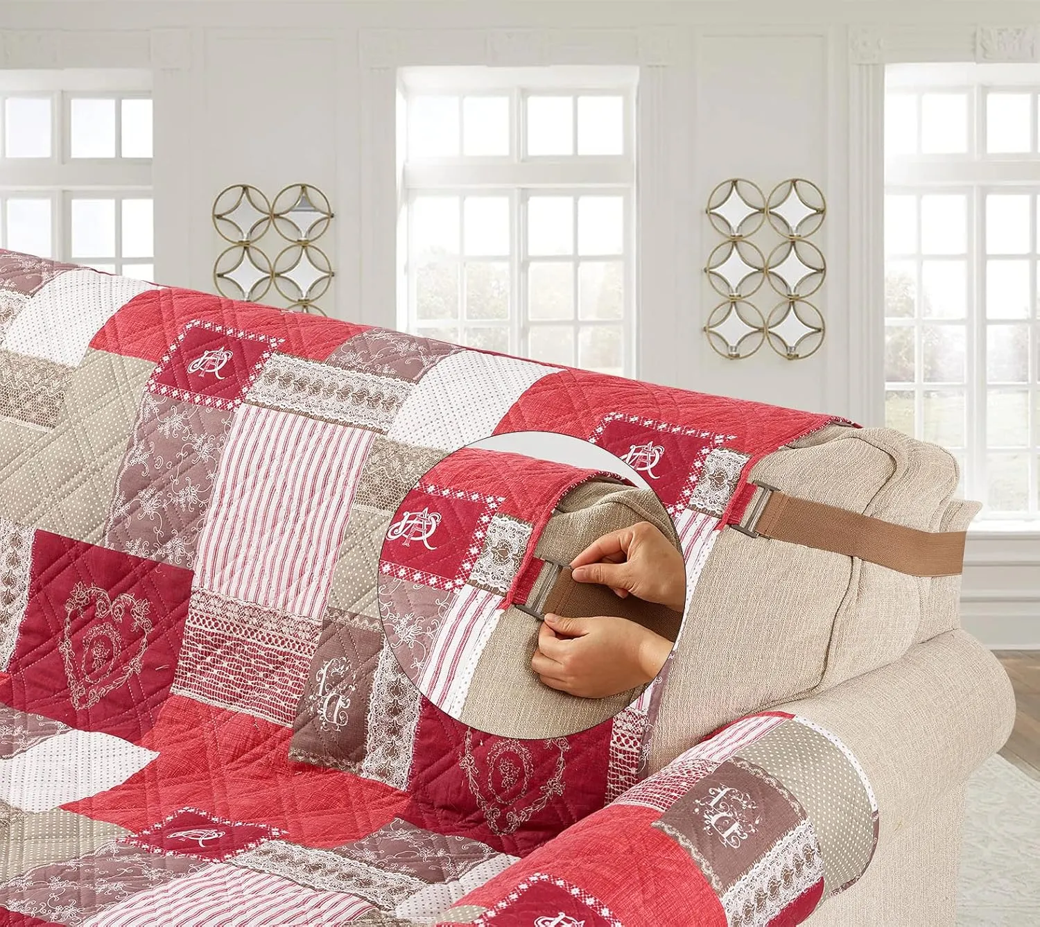 Brilliant Sunshine Burgundy Heart Love Patchwork Couch Cover, Quilted Large Sofa Slipcover, 70" Seat Width, Slip Resistant Furniture Protector, 2" Strap, Washable Couch Cover for Kids, Dogs, Burgundy