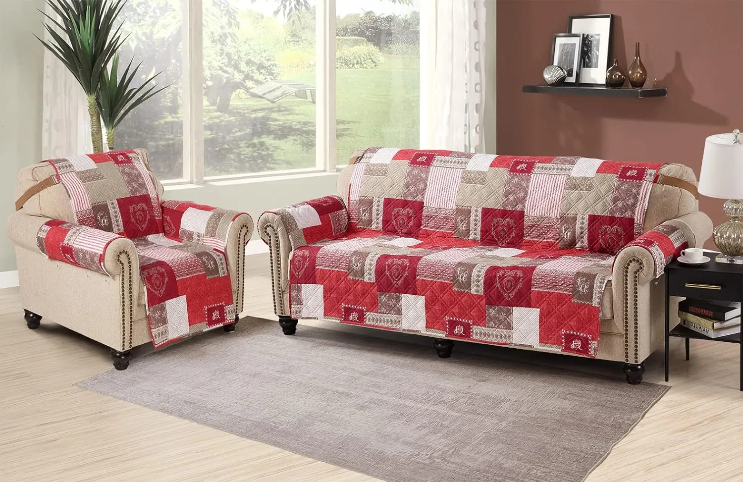 Brilliant Sunshine Burgundy Heart Love Patchwork Couch Cover, Quilted Large Sofa Slipcover, 70" Seat Width, Slip Resistant Furniture Protector, 2" Strap, Washable Couch Cover for Kids, Dogs, Burgundy