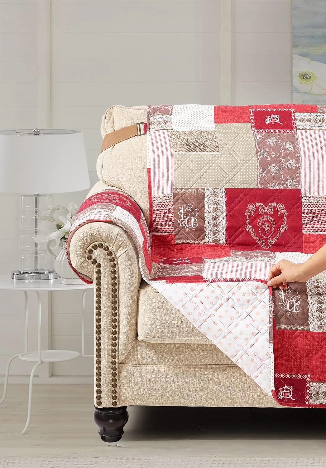 Brilliant Sunshine Burgundy Heart Love Patchwork Couch Cover, Quilted Large Sofa Slipcover, 70" Seat Width, Slip Resistant Furniture Protector, 2" Strap, Washable Couch Cover for Kids, Dogs, Burgundy