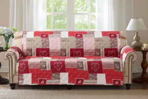 Brilliant Sunshine Burgundy Heart Love Patchwork Couch Cover, Quilted Large Sofa Slipcover, 70" Seat Width, Slip Resistant Furniture Protector, 2" Strap, Washable Couch Cover for Kids, Dogs, Burgundy