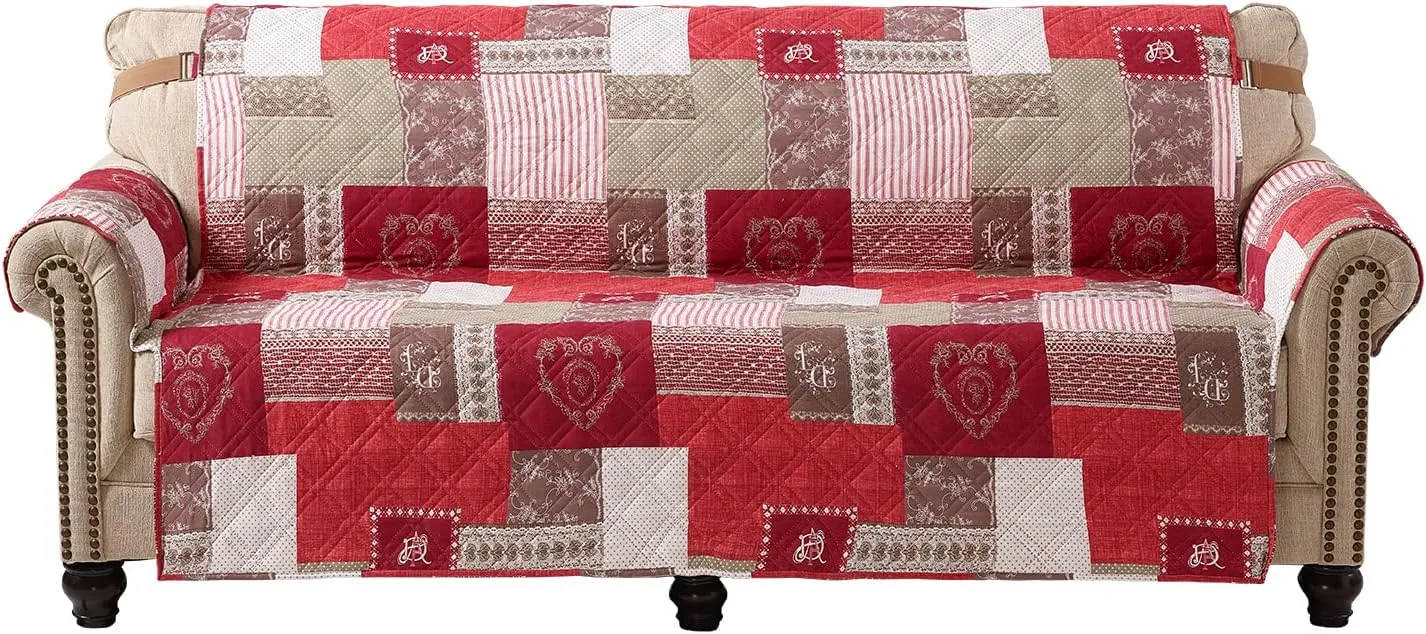 Brilliant Sunshine Burgundy Heart Love Patchwork Couch Cover, Quilted Large Sofa Slipcover, 70" Seat Width, Slip Resistant Furniture Protector, 2" Strap, Washable Couch Cover for Kids, Dogs, Burgundy