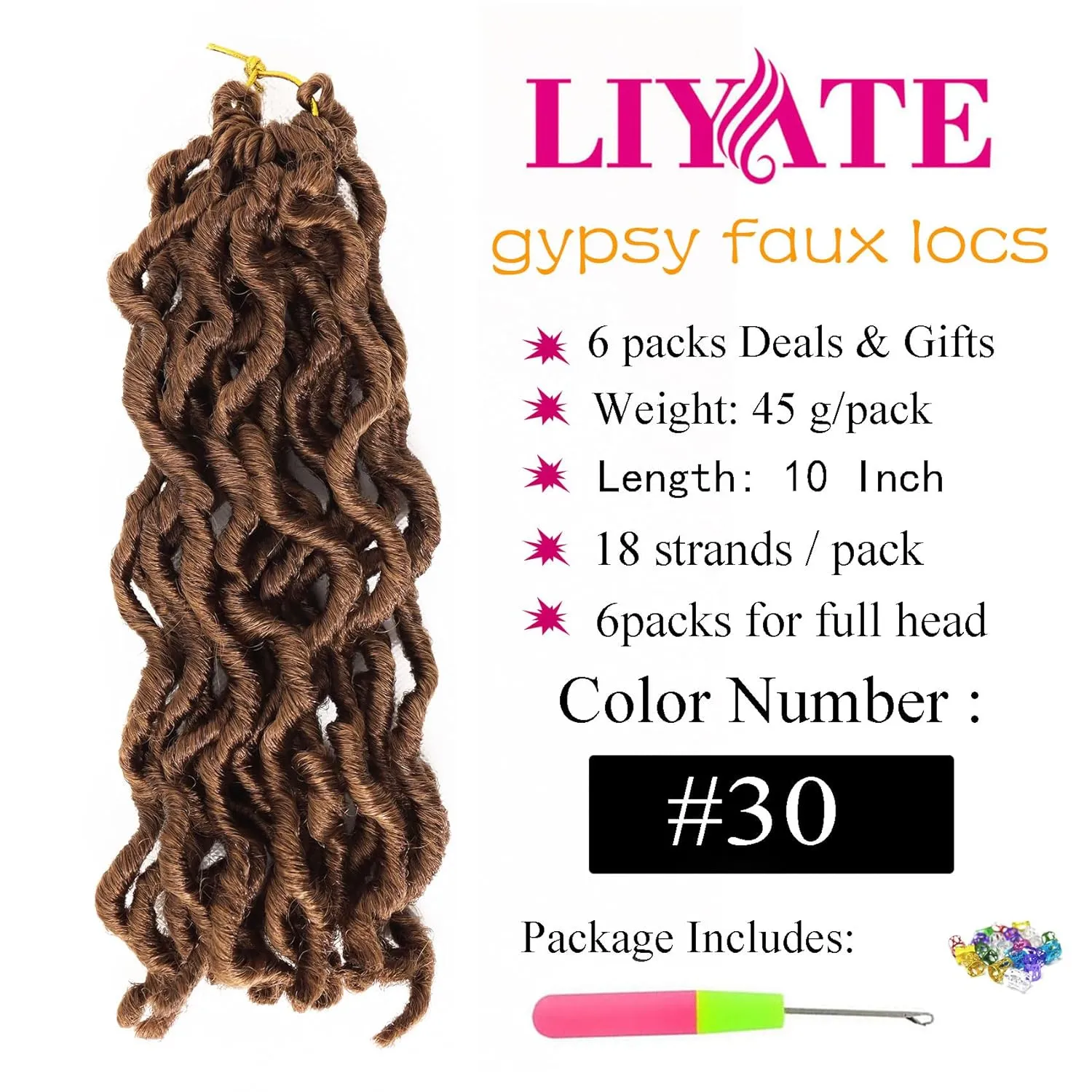 Brown Faux Locs Crochet Hair 10 Inch 6 Packs Goddess Locs Crochet Hair for Black Women, Prelooped Short Gypsy locs Crochet Hair for kids Wavy Crochet Braids Dreadlocks Hair Extensions, 30#
