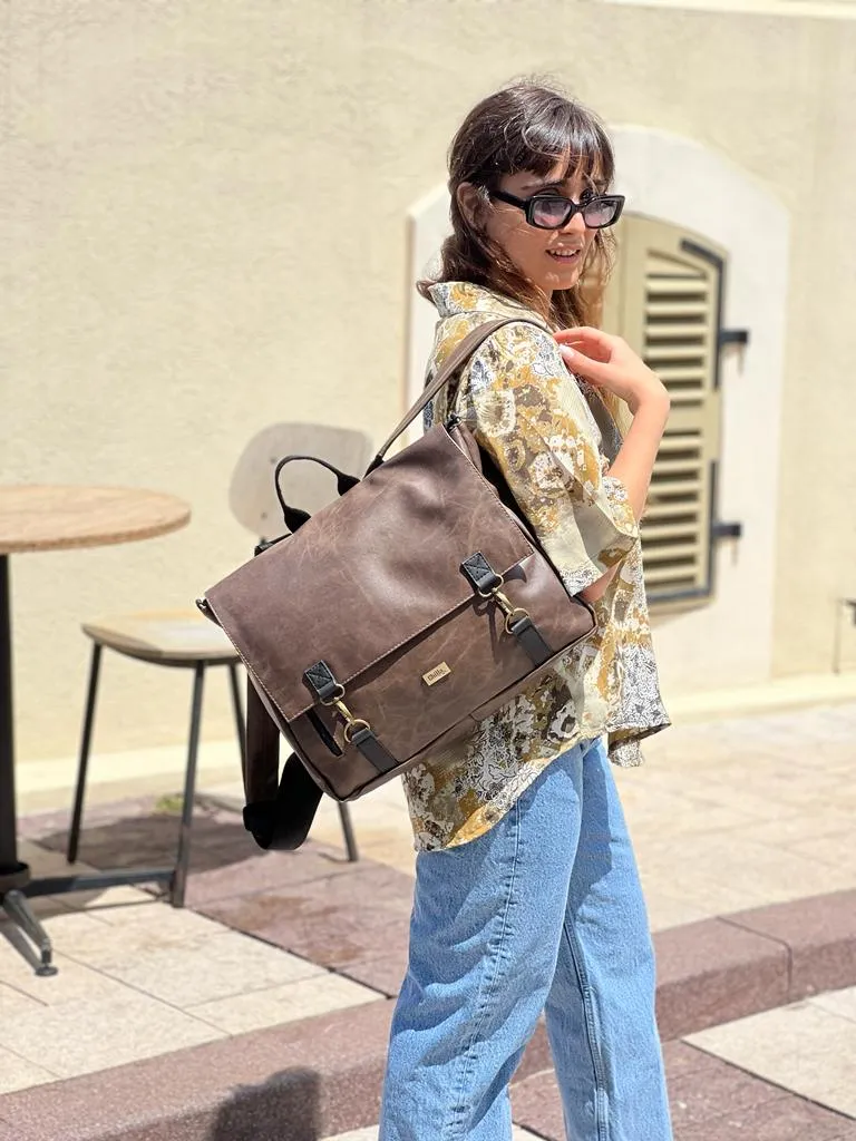 Brown Vegan Leather Large 'Jaffa' Backpack/Side Bag