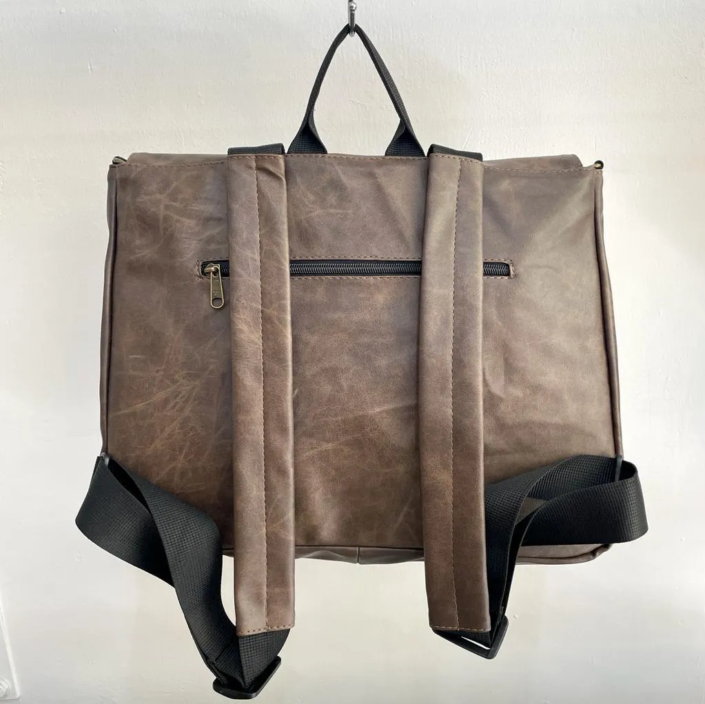Brown Vegan Leather Large 'Jaffa' Backpack/Side Bag