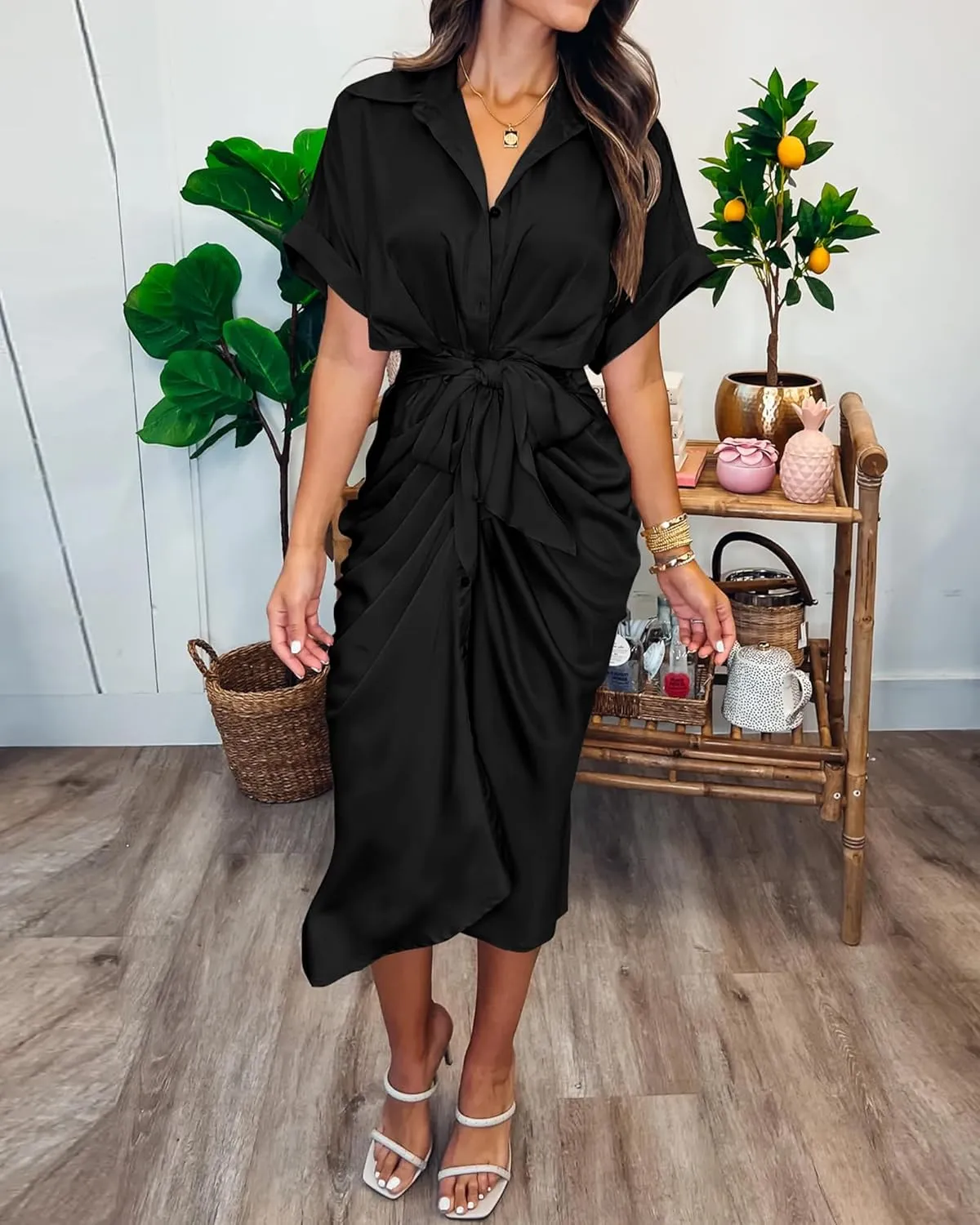 BTFBM 2025 Women Button Down Ruched Shirt Dresses Short Sleeve Lapel V Neck Elegant Party Spring Summer Maxi Satin Dress