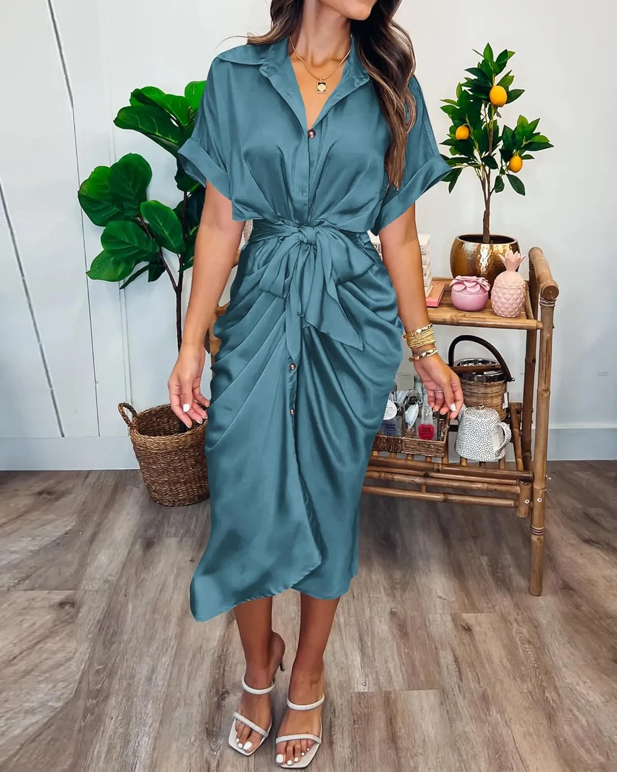 BTFBM 2025 Women Button Down Ruched Shirt Dresses Short Sleeve Lapel V Neck Elegant Party Spring Summer Maxi Satin Dress