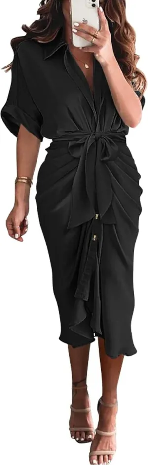 BTFBM 2025 Women Button Down Ruched Shirt Dresses Short Sleeve Lapel V Neck Elegant Party Spring Summer Maxi Satin Dress