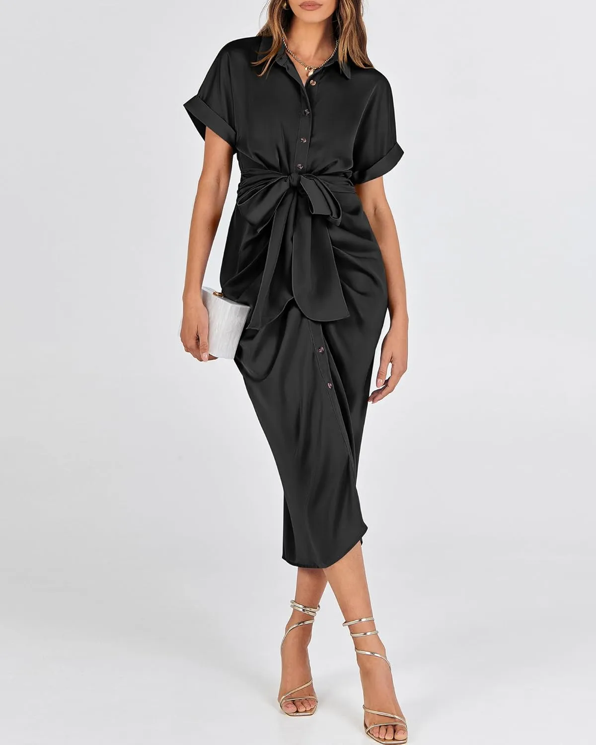 BTFBM 2025 Women Button Down Ruched Shirt Dresses Short Sleeve Lapel V Neck Elegant Party Spring Summer Maxi Satin Dress