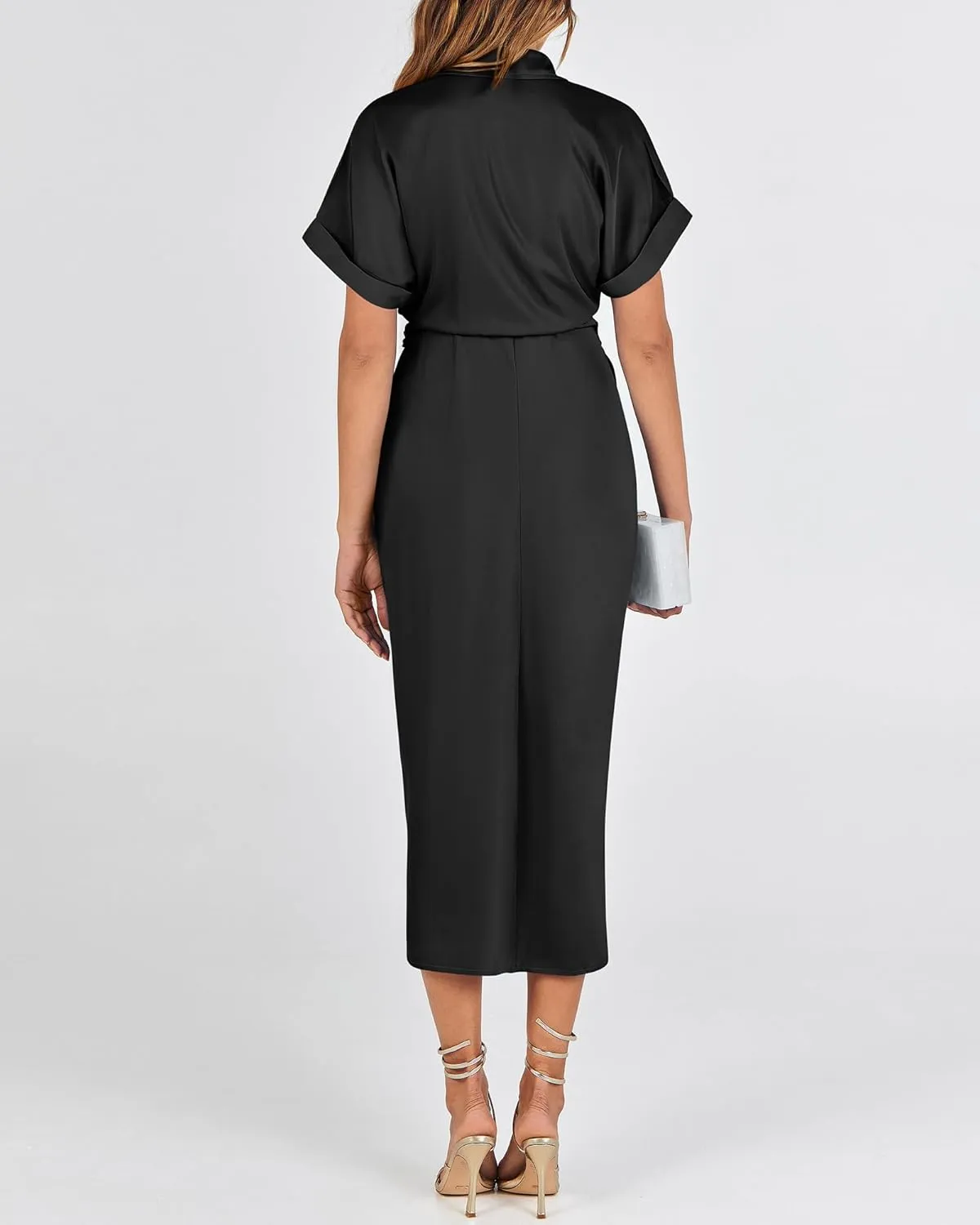 BTFBM 2025 Women Button Down Ruched Shirt Dresses Short Sleeve Lapel V Neck Elegant Party Spring Summer Maxi Satin Dress