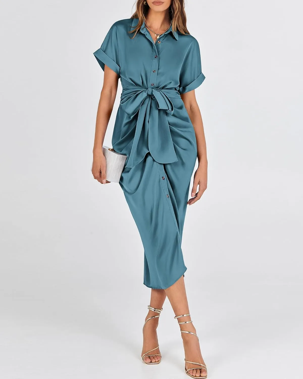 BTFBM 2025 Women Button Down Ruched Shirt Dresses Short Sleeve Lapel V Neck Elegant Party Spring Summer Maxi Satin Dress