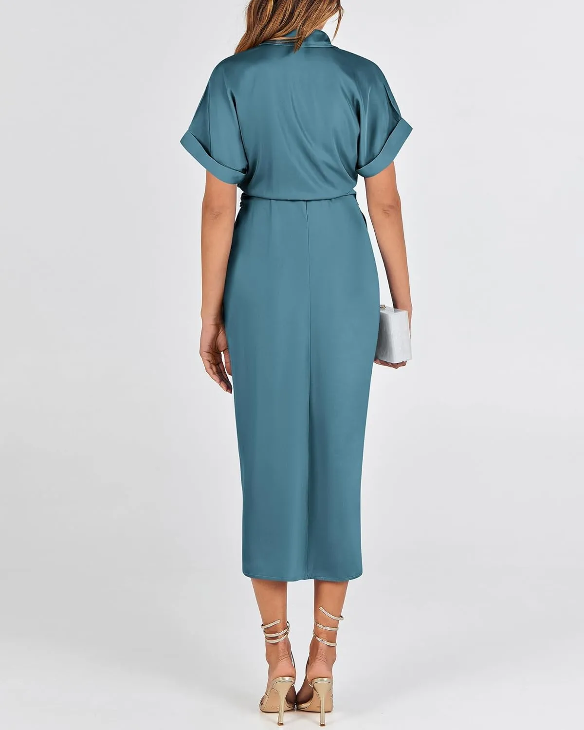 BTFBM 2025 Women Button Down Ruched Shirt Dresses Short Sleeve Lapel V Neck Elegant Party Spring Summer Maxi Satin Dress