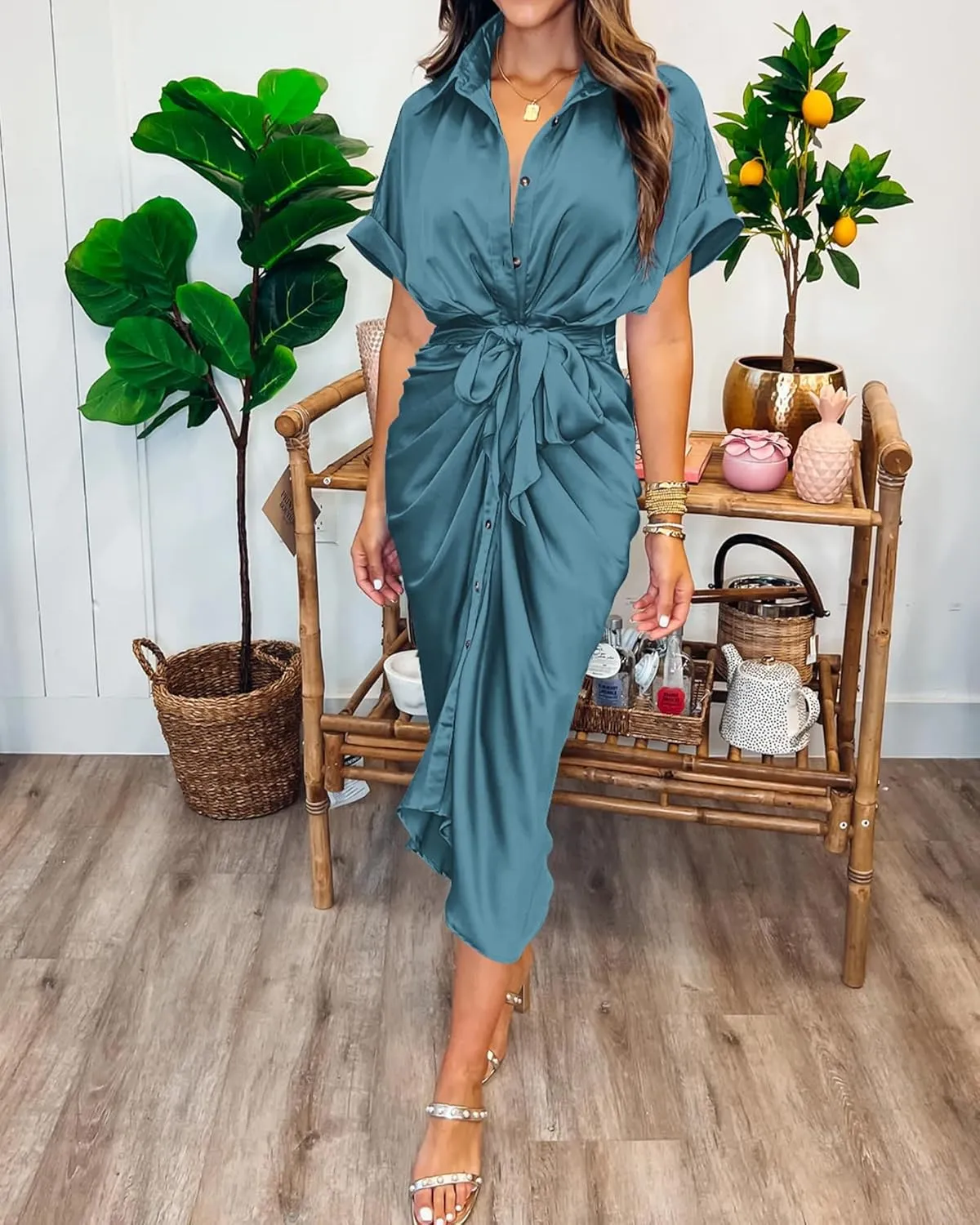 BTFBM 2025 Women Button Down Ruched Shirt Dresses Short Sleeve Lapel V Neck Elegant Party Spring Summer Maxi Satin Dress