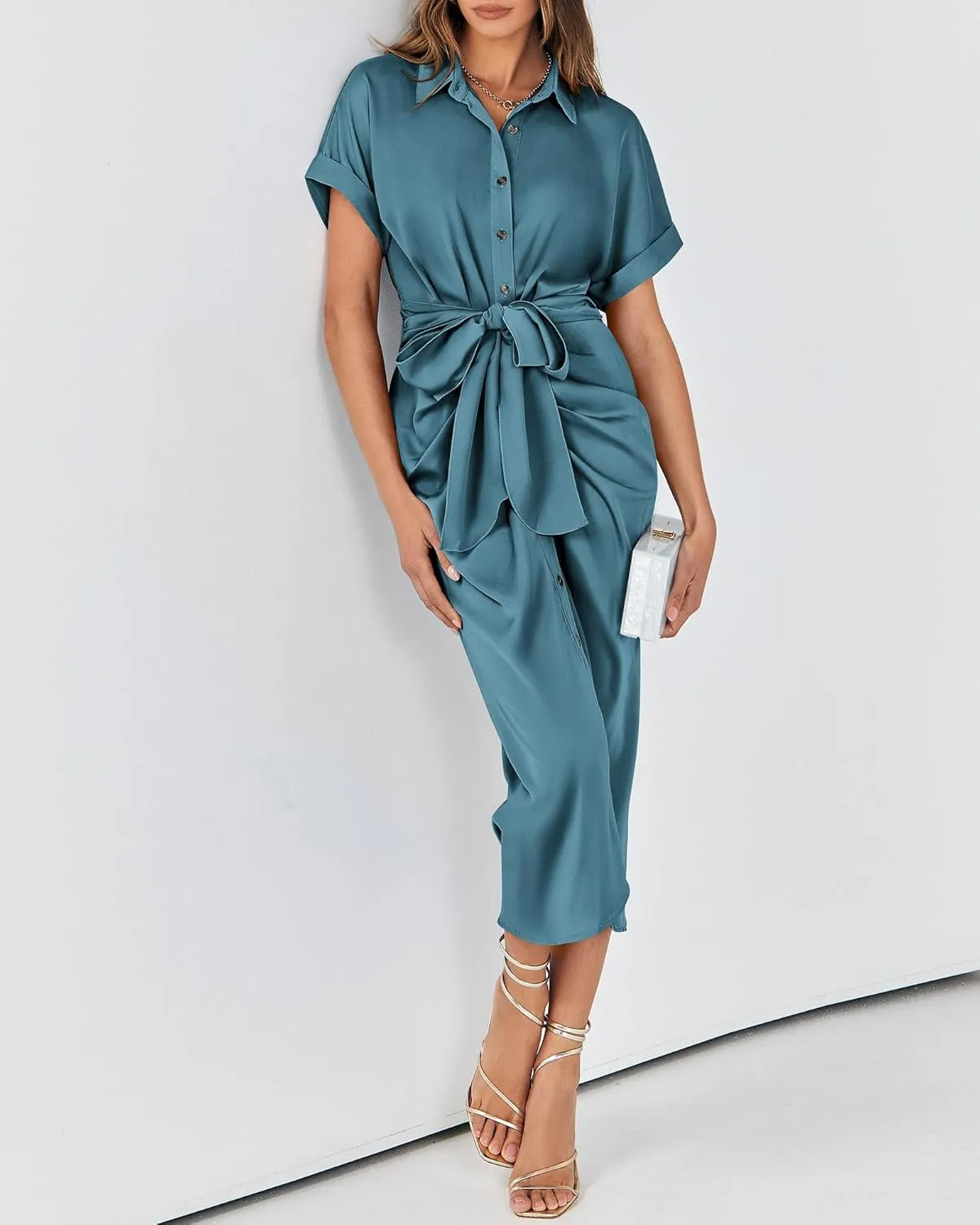 BTFBM 2025 Women Button Down Ruched Shirt Dresses Short Sleeve Lapel V Neck Elegant Party Spring Summer Maxi Satin Dress